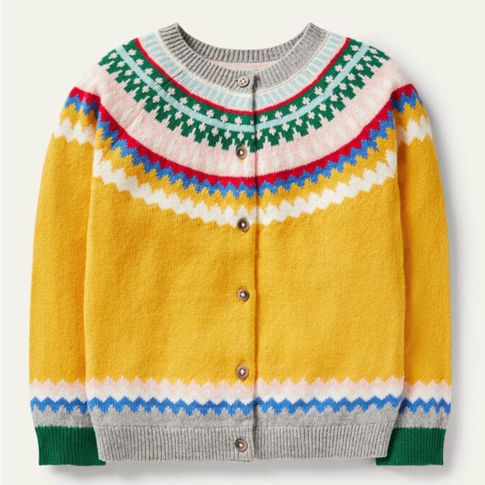 Mini Boden fair isle cardigan in yellow. Size 8-9.  Wool blend.